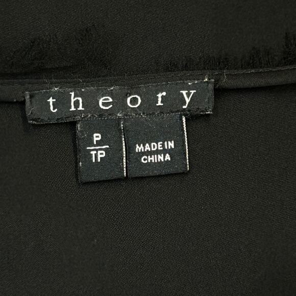 Theory Blouse Black silk Long Sleeve with eyelash lace trim V-neck Small Petite - Picture 4 of 5